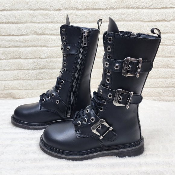 Goth Combat Biker Boots Black Matte Lightning Bolt Tread Bolt 330 - Picture 8 of 14